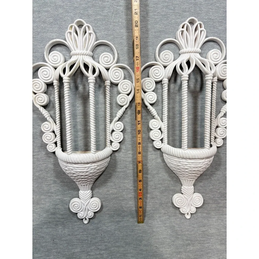 Vintage White Syroco Style Wall Pocket‎ Planter Pair Hollywood Regency Scroll